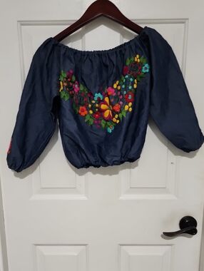 Navy Off-Shoulder Embroidered Floral Peasant Top